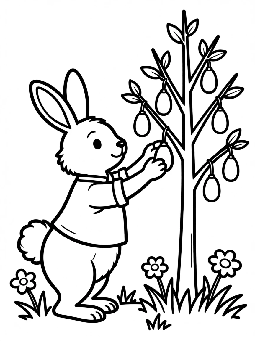 A bunny decorating a small Easter tree with miniature eggs