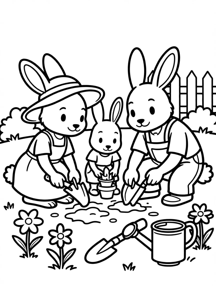A bunny family planting spring flowers in a garden