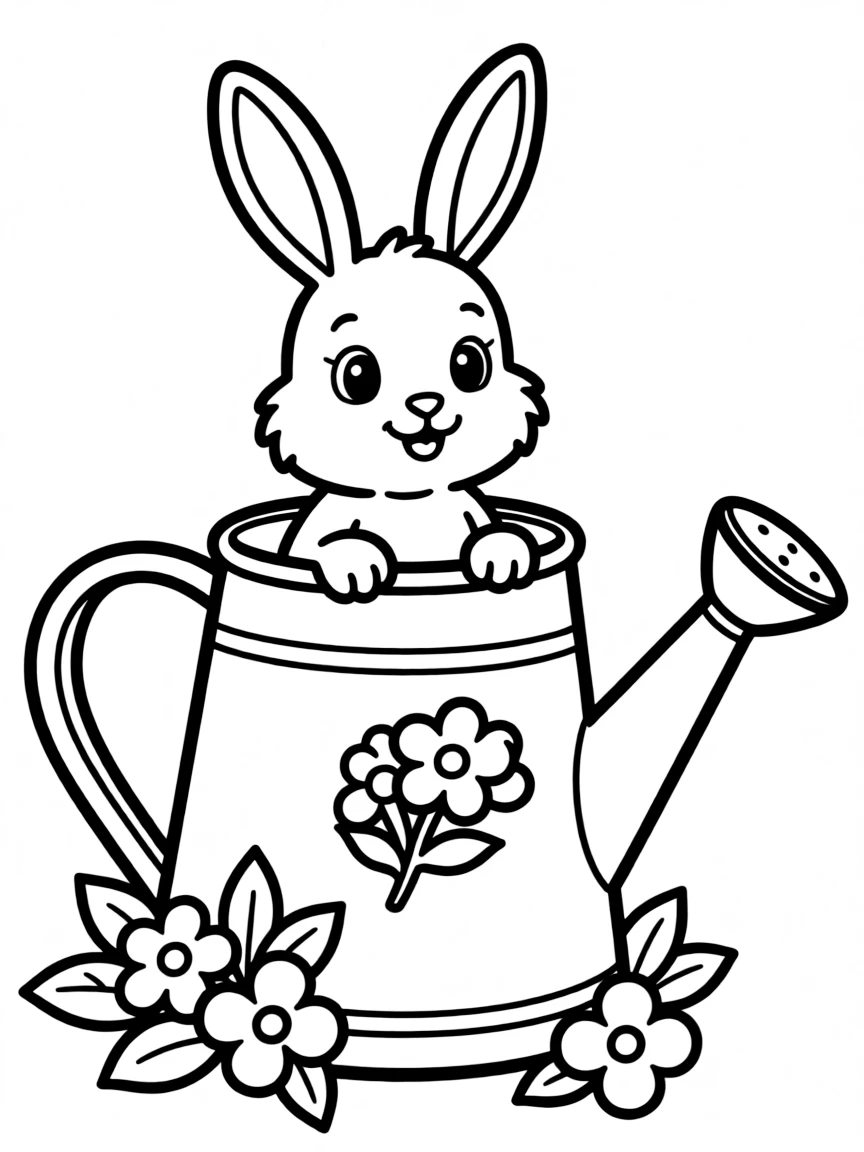 A bunny peeking out from inside a watering can with flowers