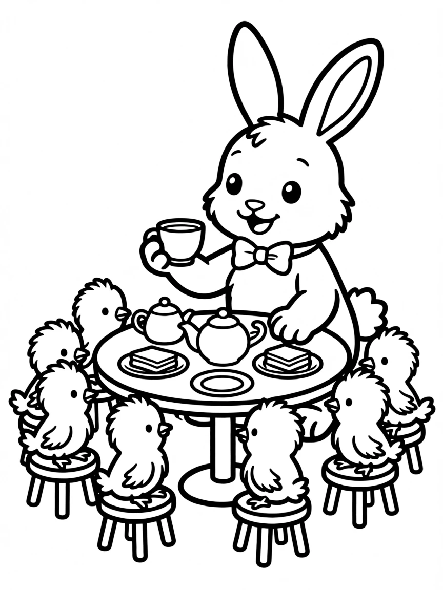 A bunny having tea with a group of chicks around a tiny table