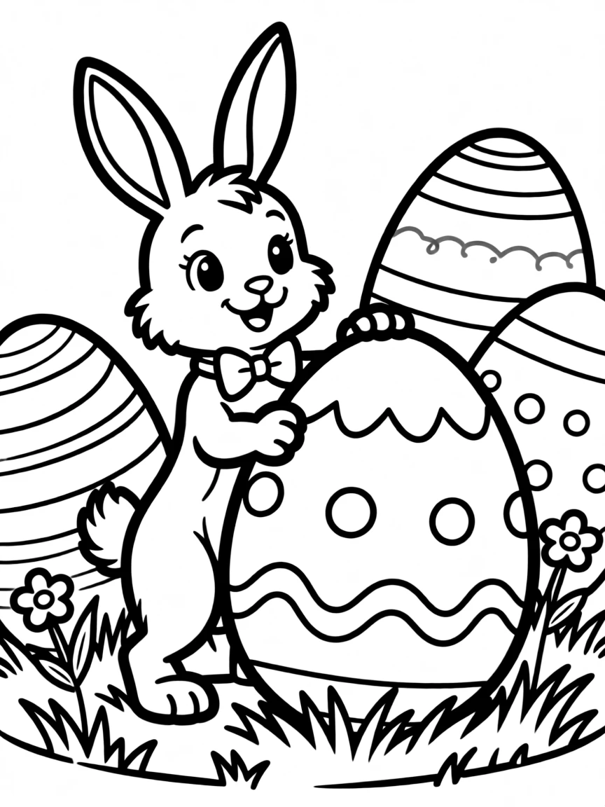 A bunny playing hide-and-seek among giant Easter eggs