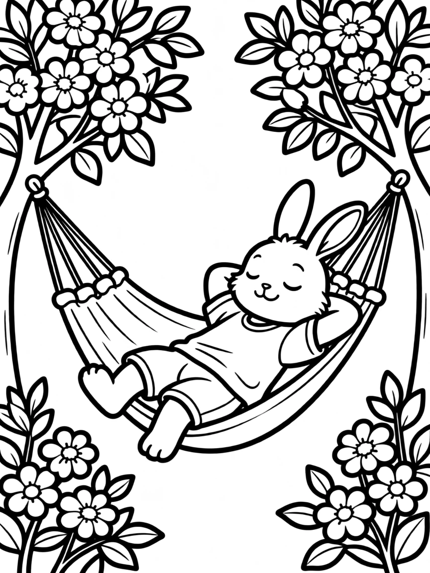 A bunny relaxing in a hammock between two flowering bushes