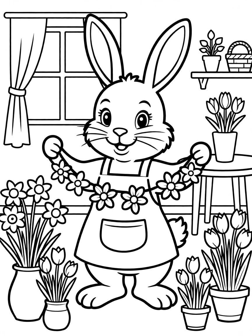 A bunny decorating its home with spring garlands and flowers