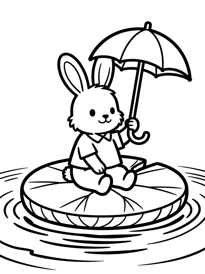 A bunny floating on a lily pad holding a tiny umbrella