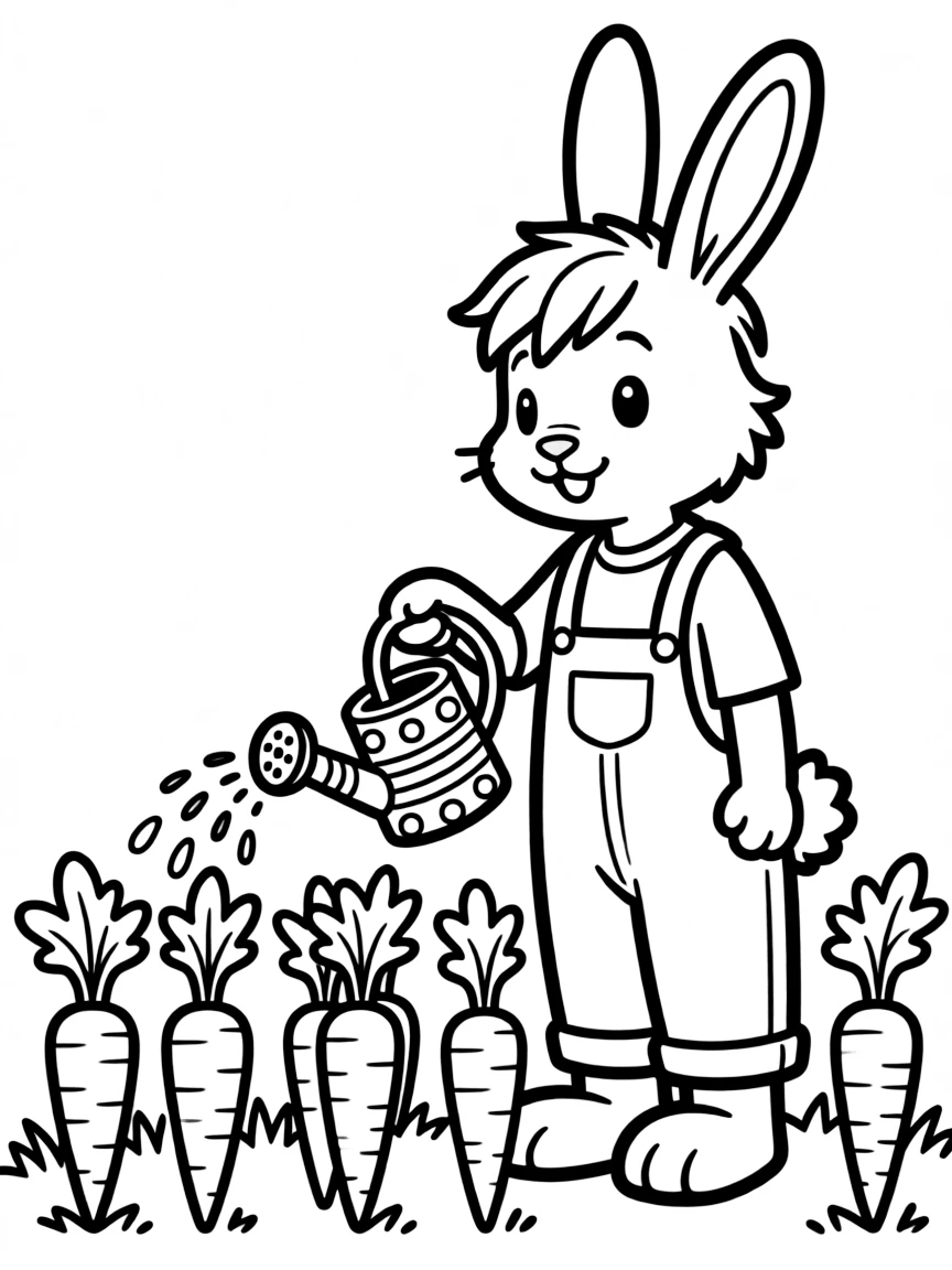A bunny watering a garden of carrots with a decorated watering can