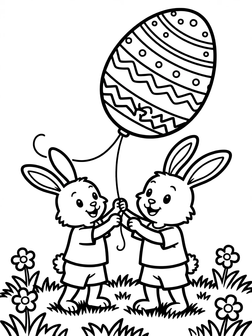 A bunny flying a kite shaped like a decorated Easter egg