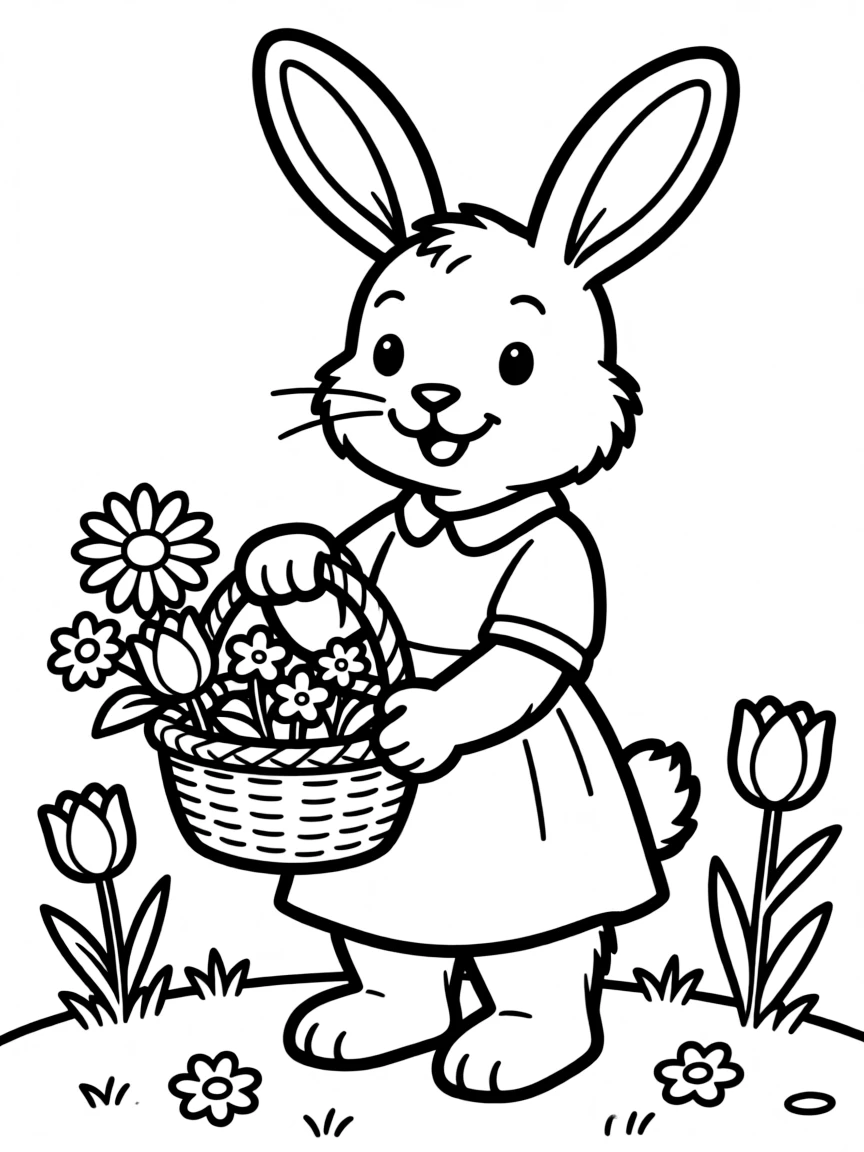 A bunny collecting spring flowers in a basket for a bouquet
