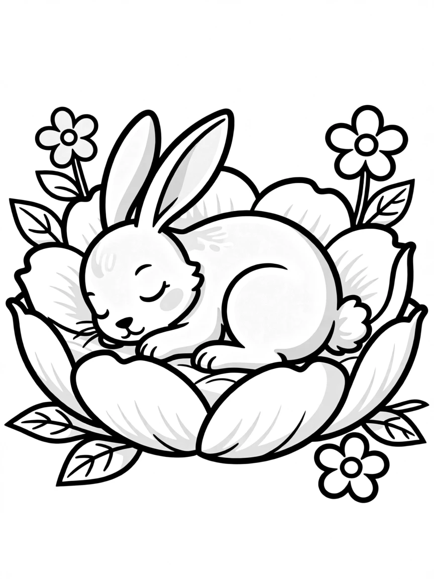 A bunny taking a nap on a bed of flower petals
