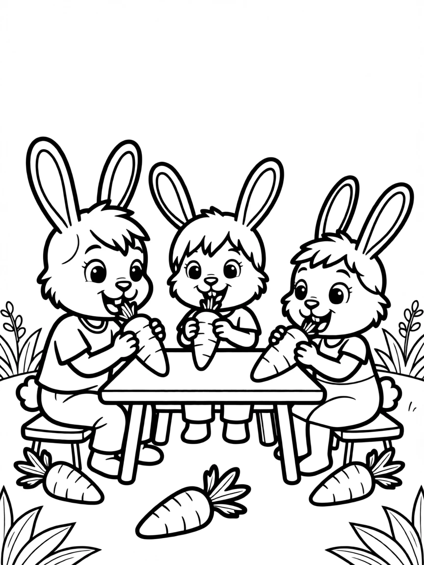 A bunny family having a carrot-eating contest