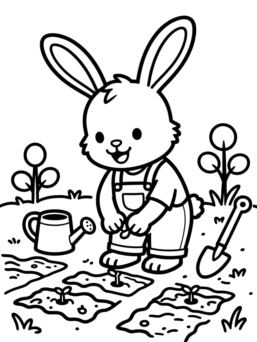 A bunny wearing overalls planting seeds in a garden