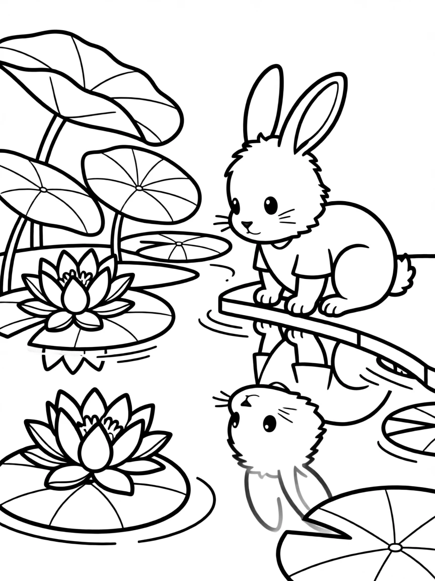 A bunny looking at its reflection in a pond surrounded by water lilies