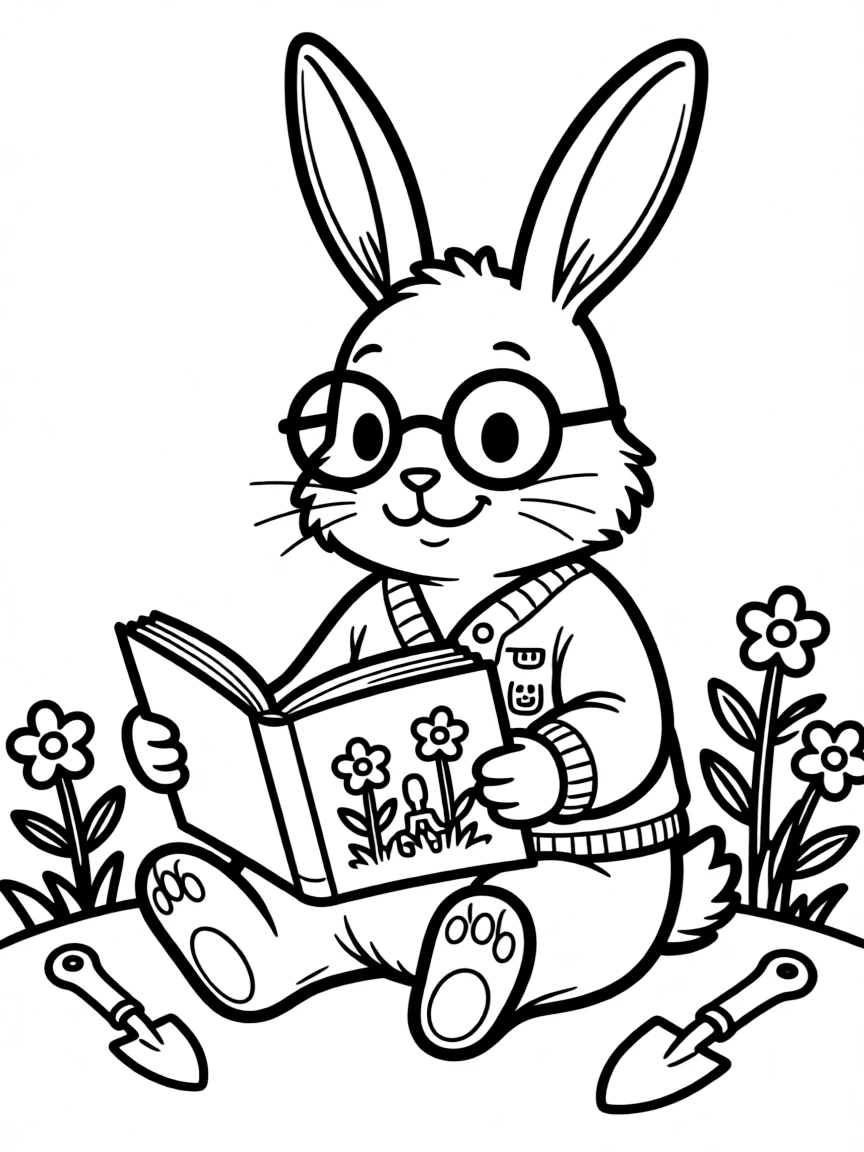 A bunny wearing glasses reading a book about spring gardening