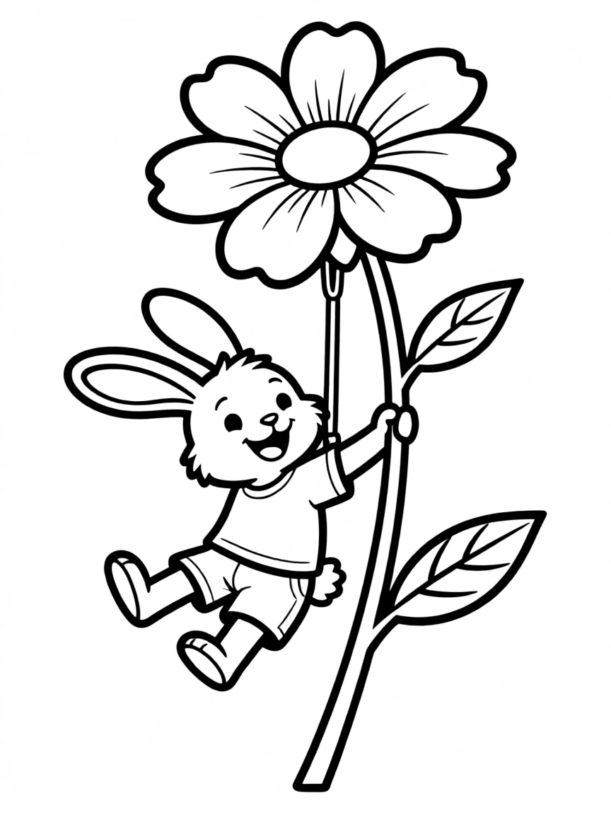 A bunny swinging on a flower stem like a trapeze artist