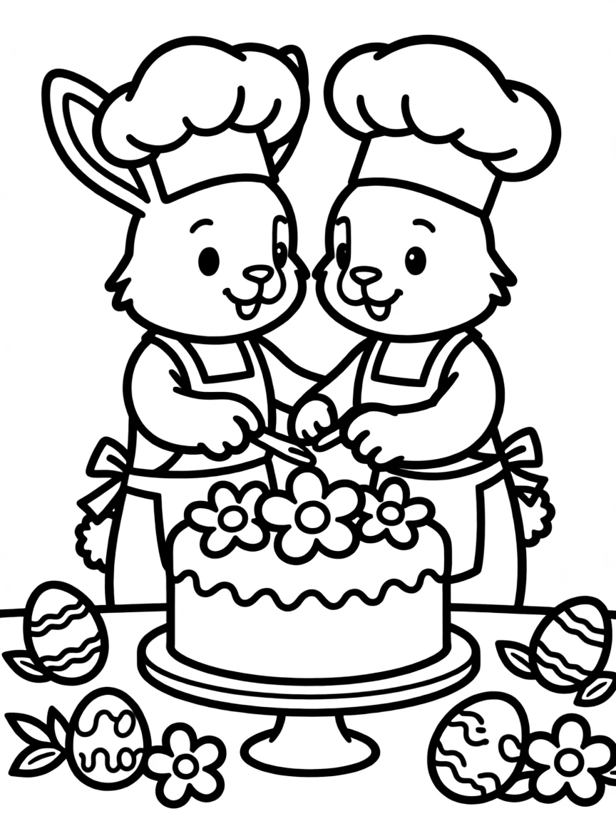 A bunny chef decorating an Easter cake with flowers and eggs