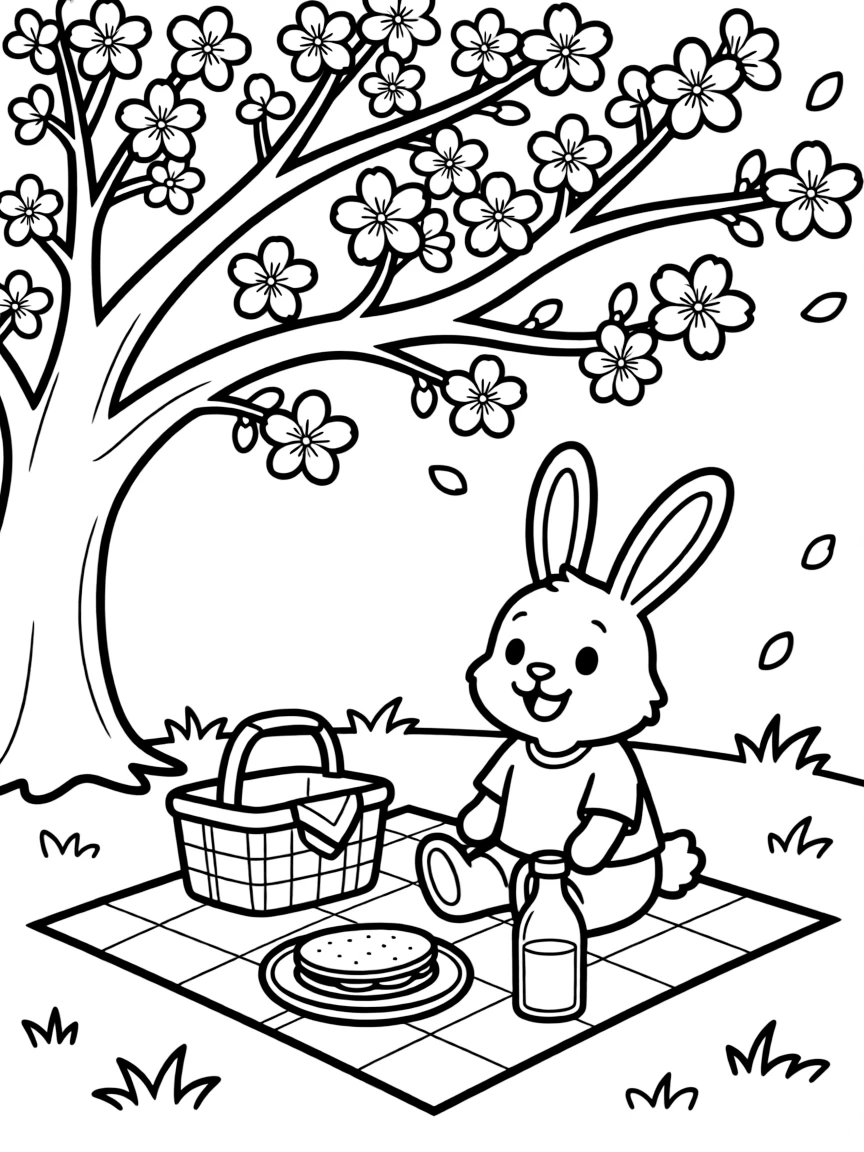A bunny having a picnic under a cherry blossom tree