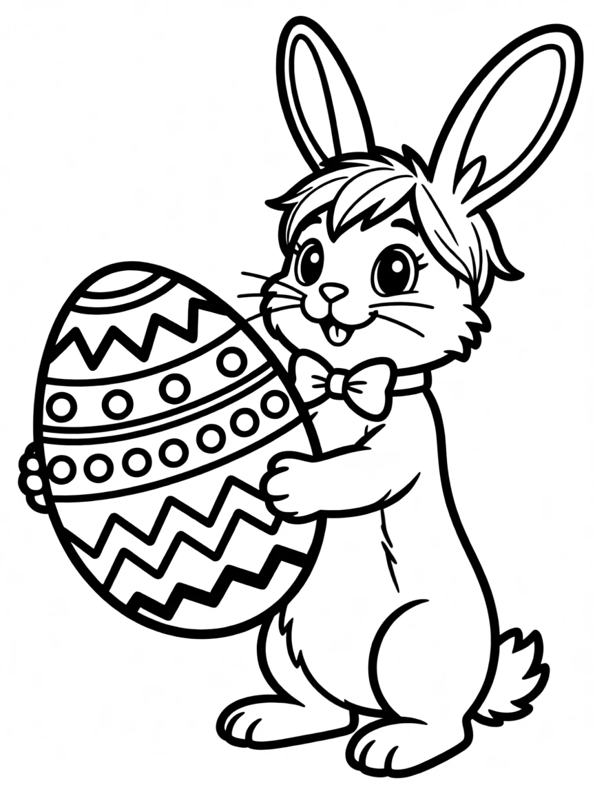 A bunny carrying a decorated Easter egg twice its size