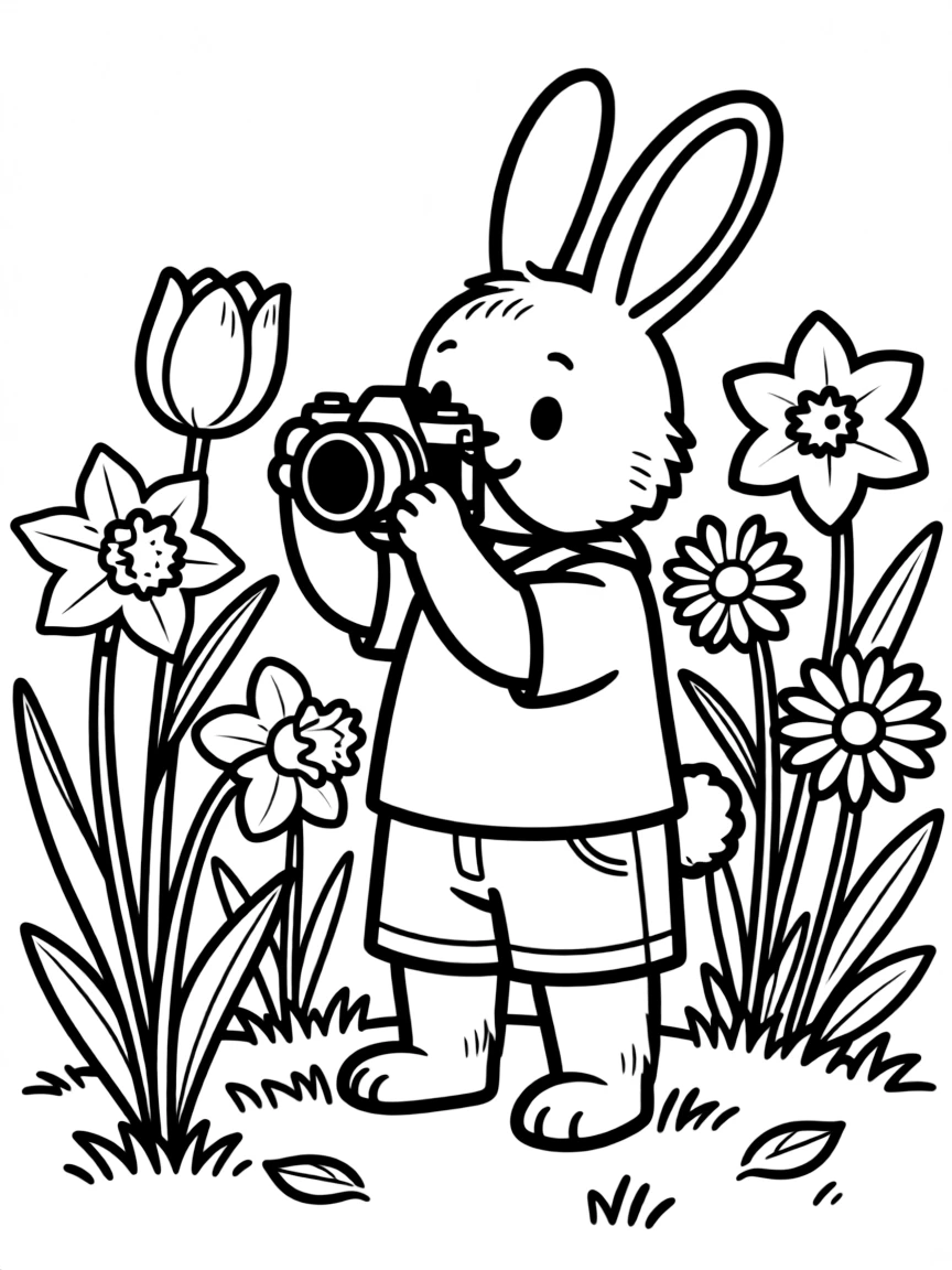 A bunny photographer taking pictures of spring flowers