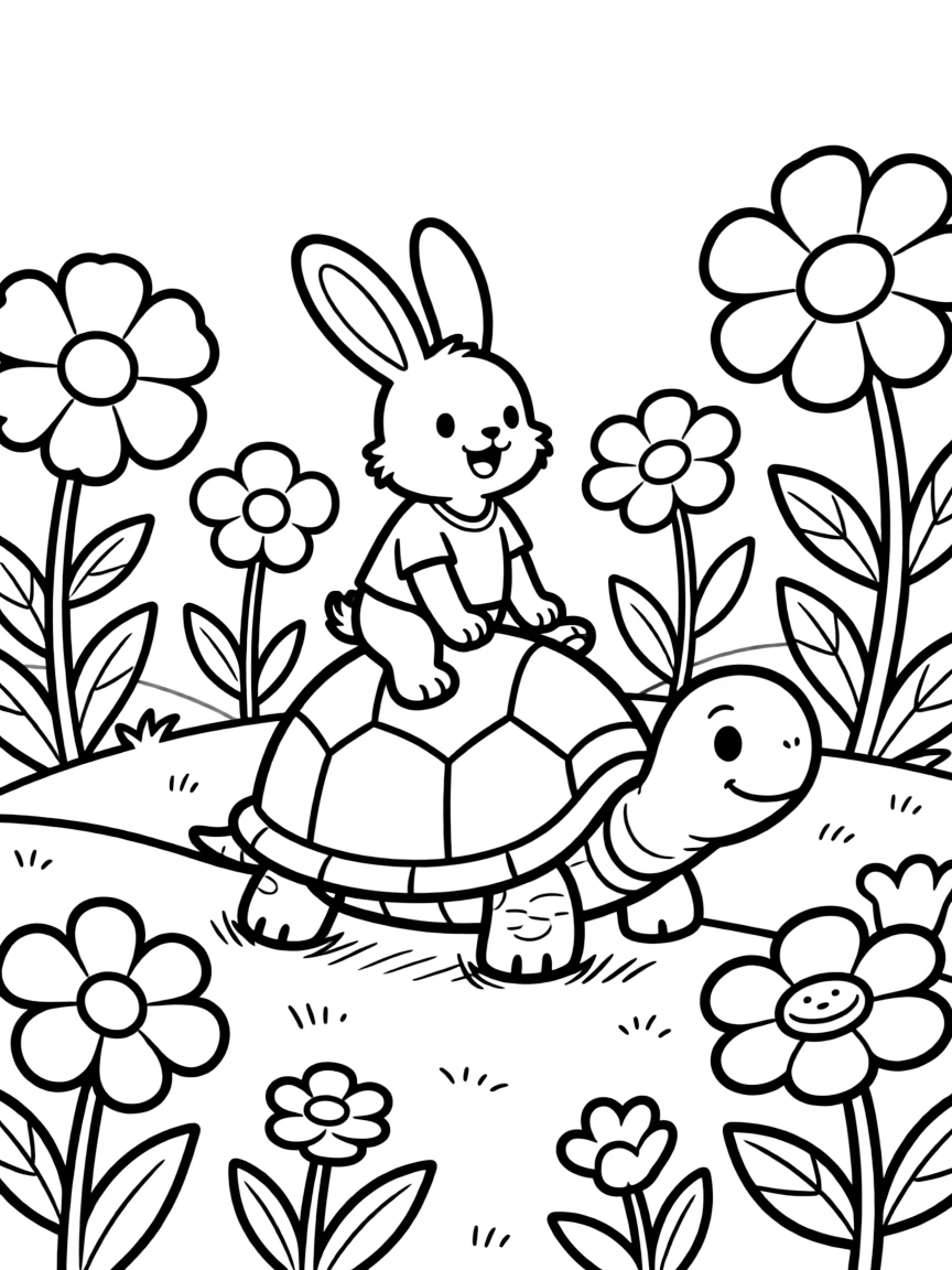 A bunny riding on the back of a turtle through a flower field