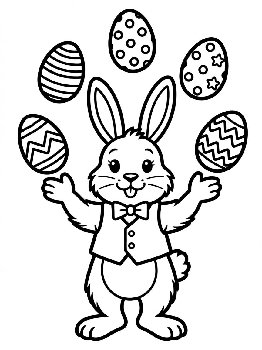 A bunny juggling Easter eggs of different patterns