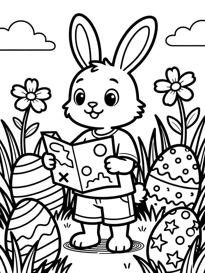 A bunny holding a map while searching for hidden Easter eggs