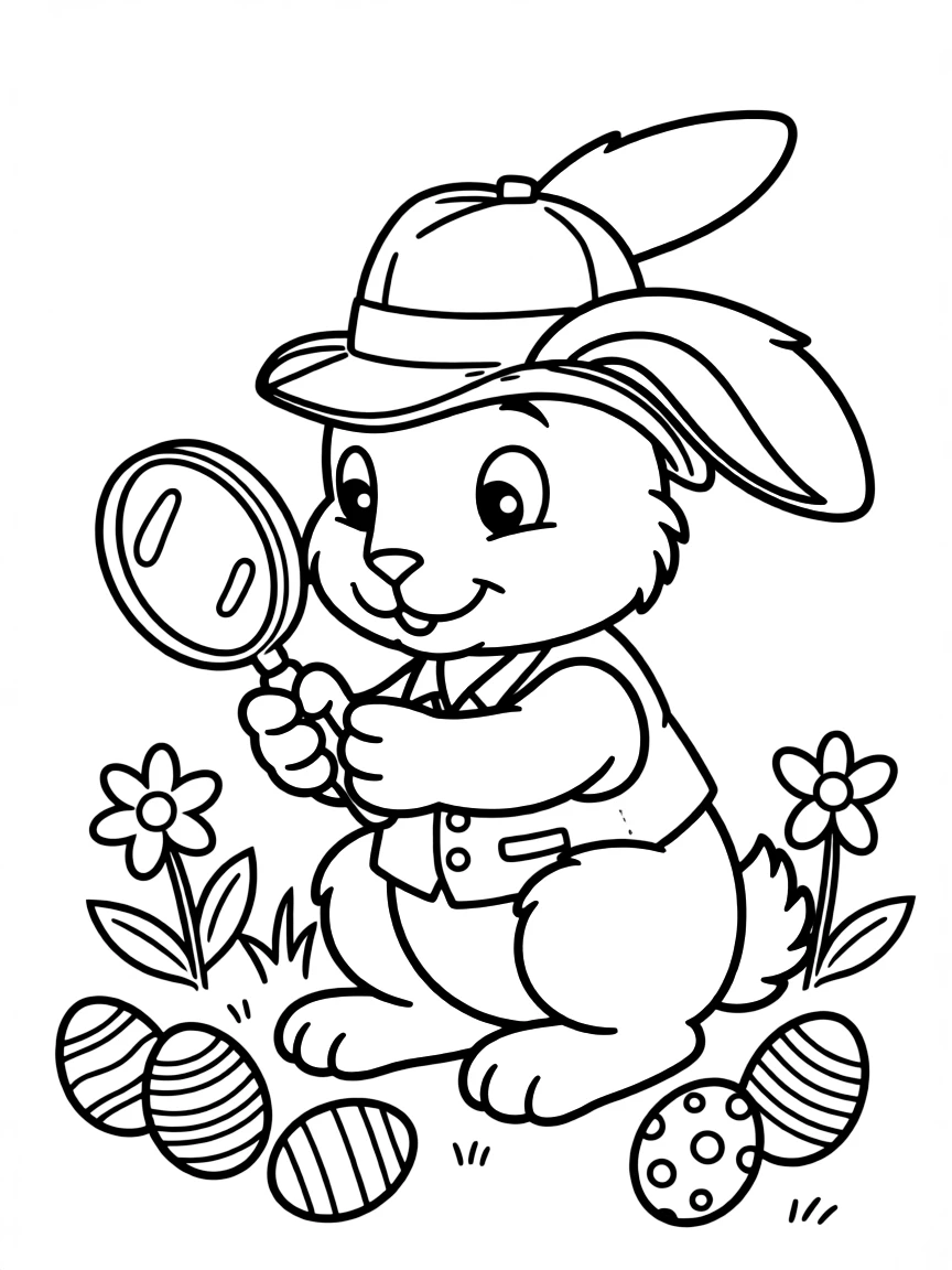 A bunny wearing a detective hat looking for clues to Easter treasures