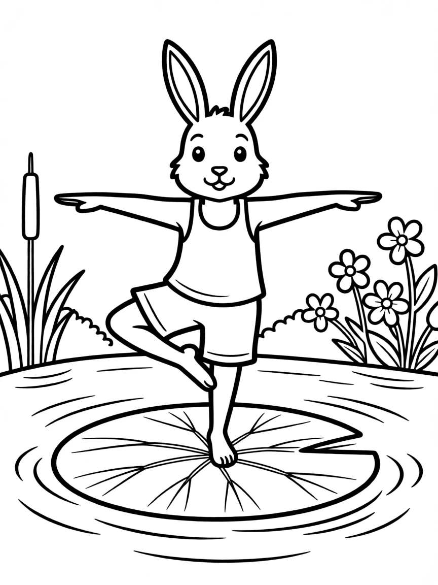 A bunny doing yoga poses on a lily pad in a spring pond