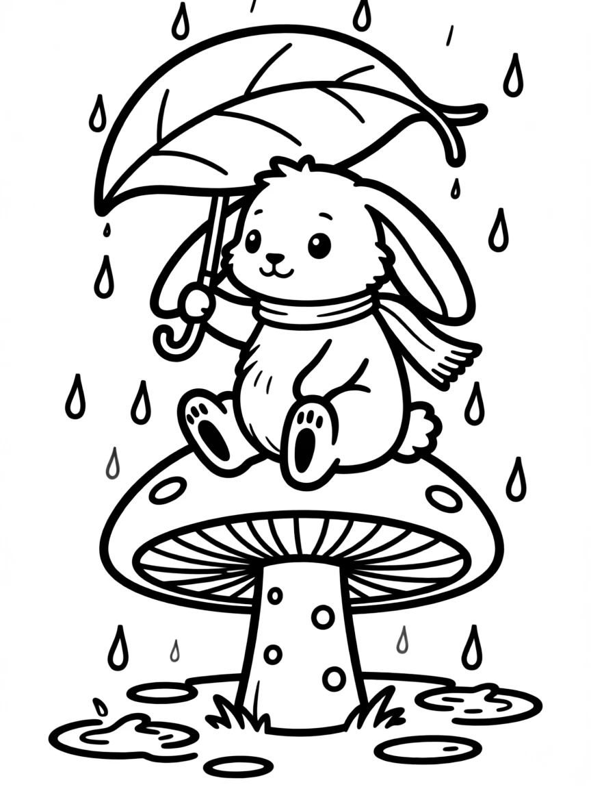 A bunny sitting on a mushroom while it rains, holding a leaf umbrella