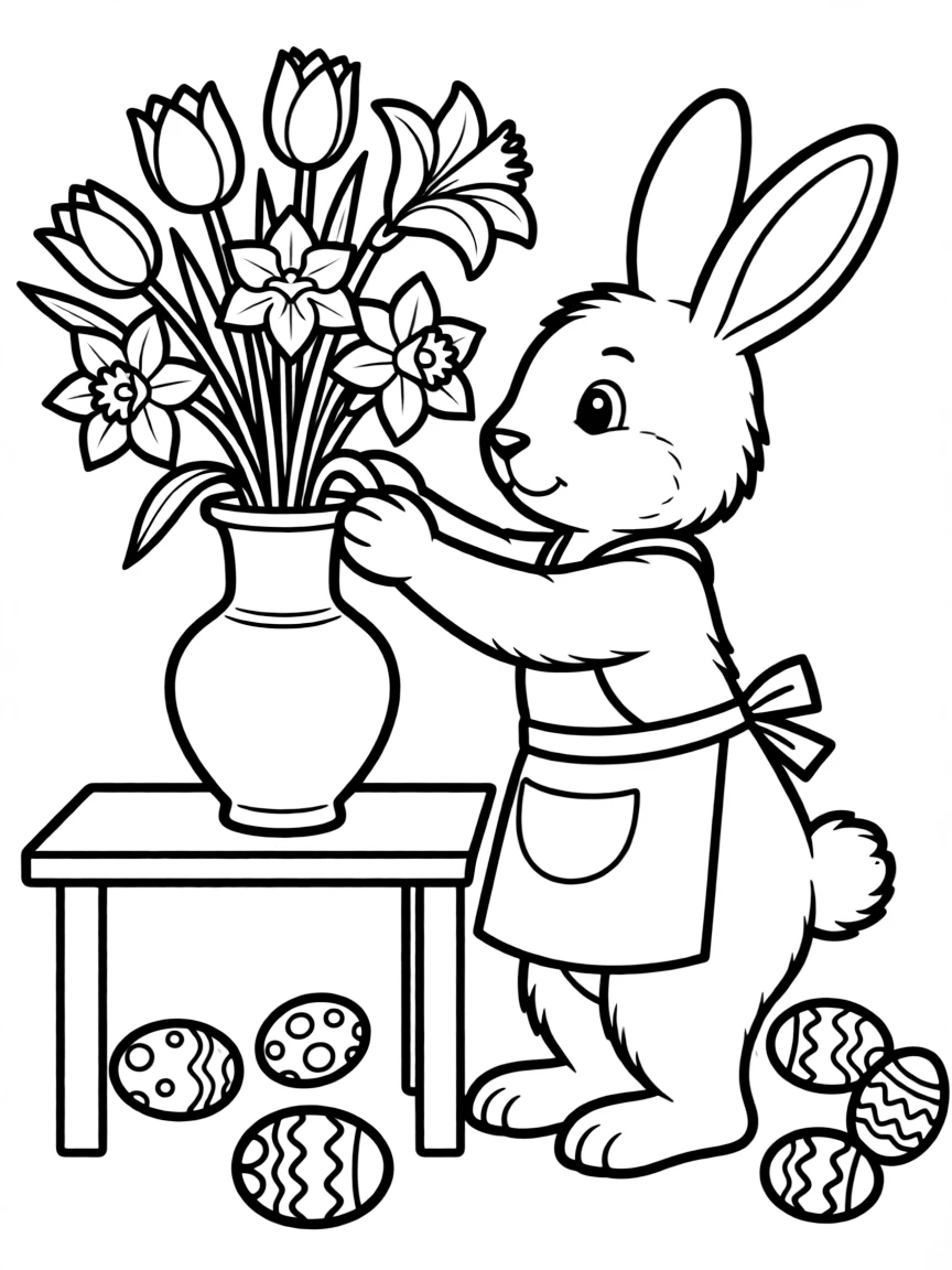 A bunny arranging flowers in a vase for an Easter celebration