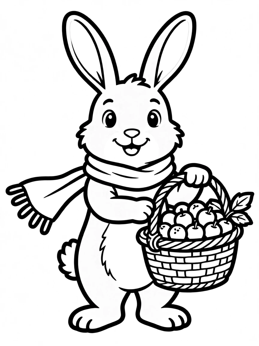 A bunny wearing a scarf and carrying a basket of spring berries