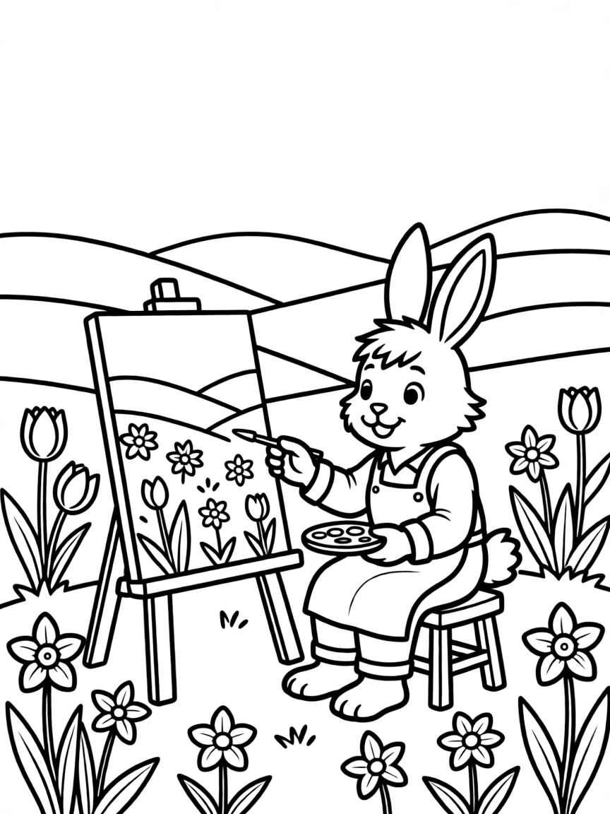 A bunny painting a landscape of spring flowers and rolling hills