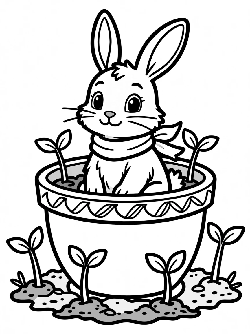 A bunny sitting in a flower pot surrounded by sprouting seeds