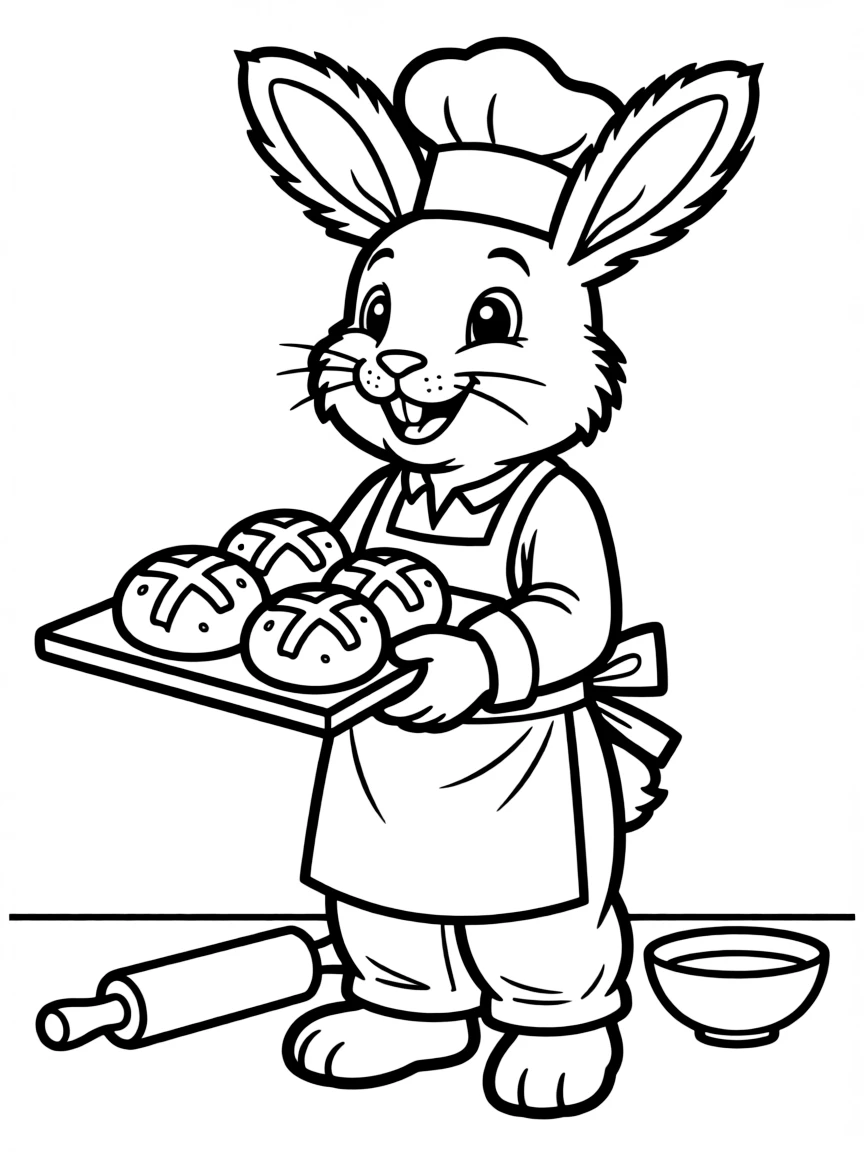 A bunny dressed as a baker with a tray of hot cross buns