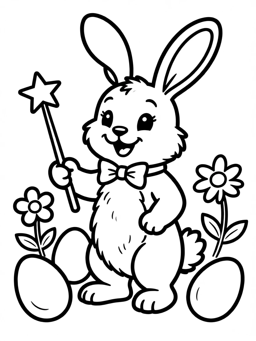 A bunny with a magic wand turning flowers into Easter eggs