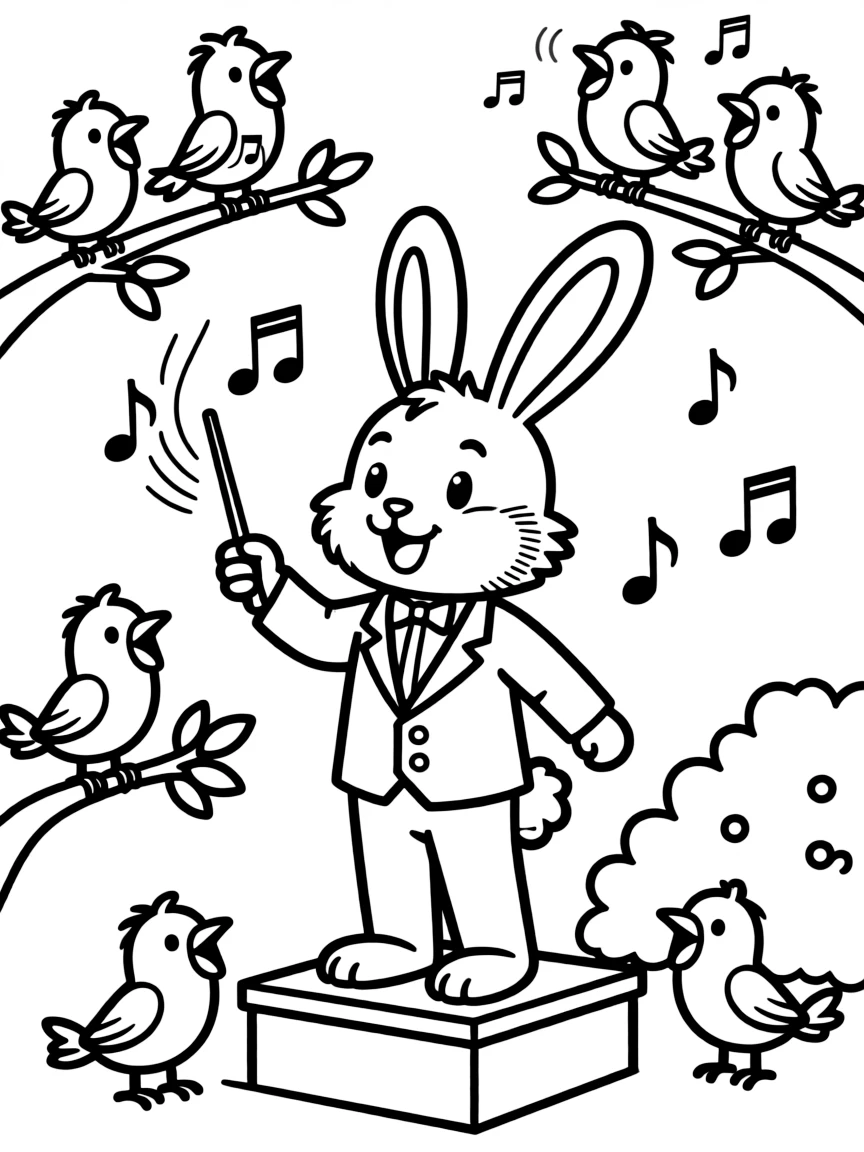 A bunny conductor leading a choir of singing birds