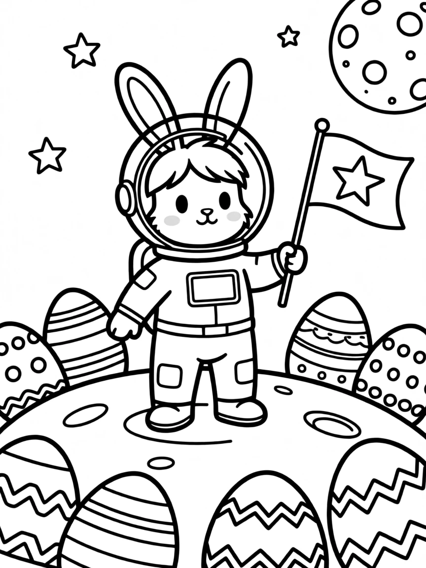 A bunny astronaut exploring a planet made of Easter eggs