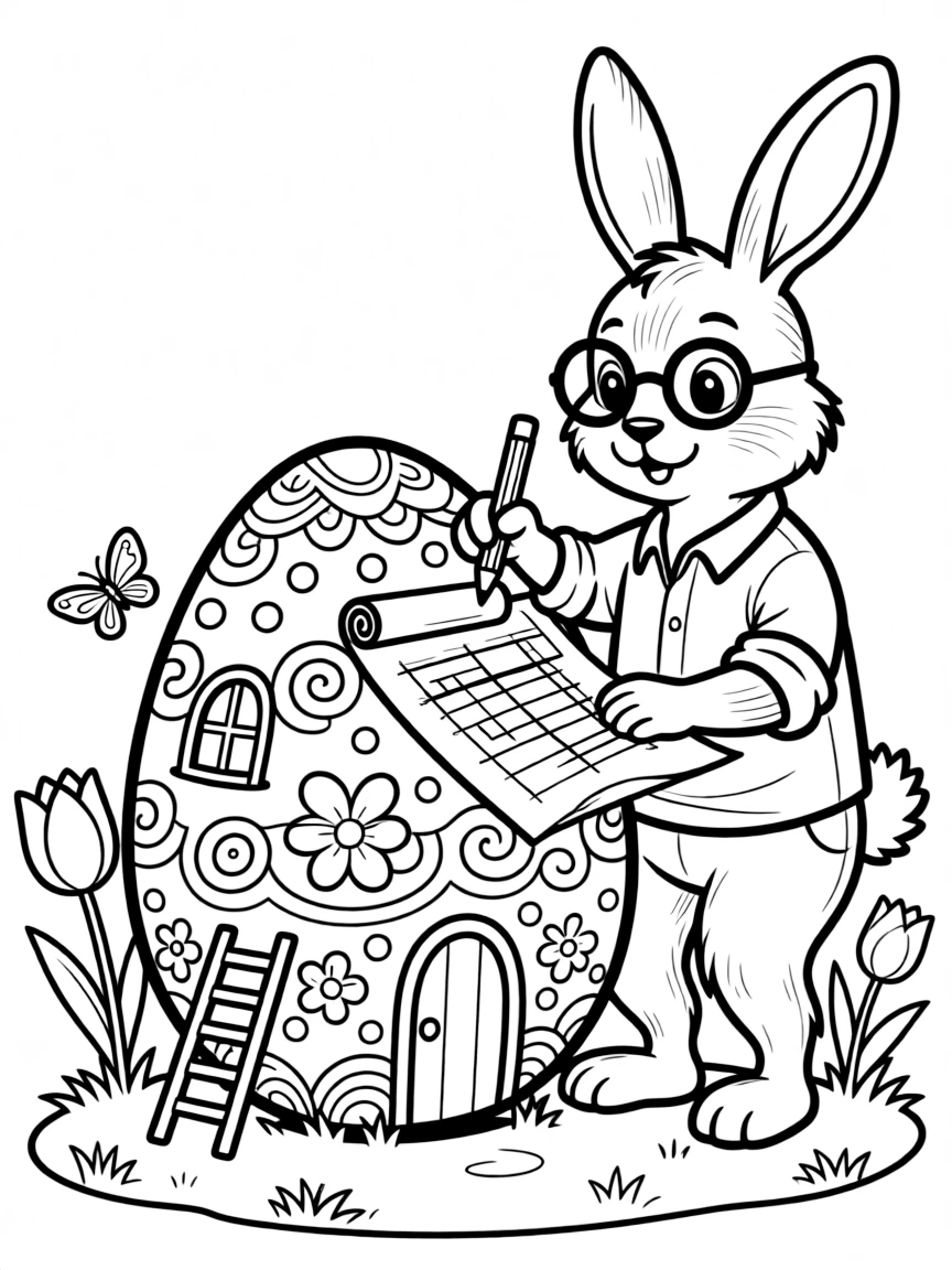 A bunny architect designing an elaborate Easter egg home