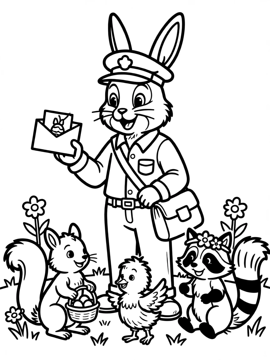 A bunny postal worker delivering Easter cards to animal friends
