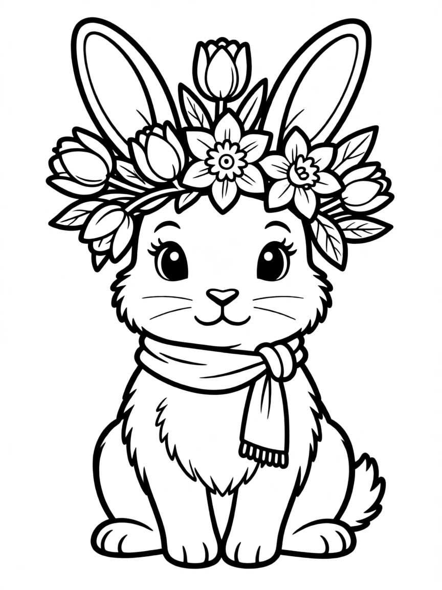 A bunny wearing a crown of tulips and daffodils