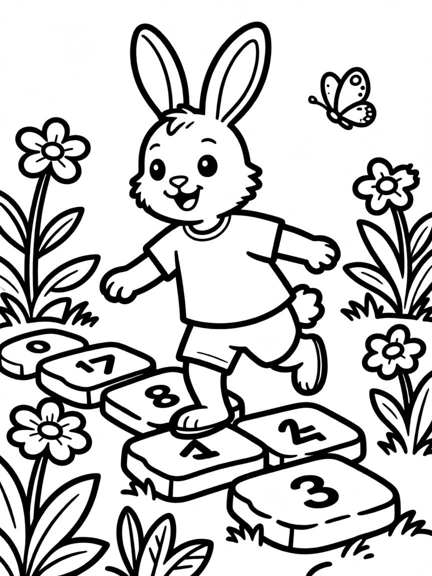A bunny playing hopscotch on stepping stones in a garden