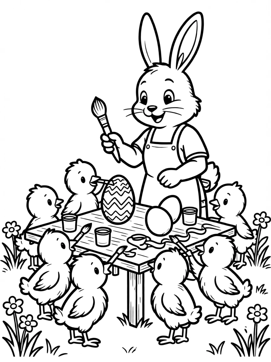 A bunny teaching baby chicks how to decorate Easter eggs