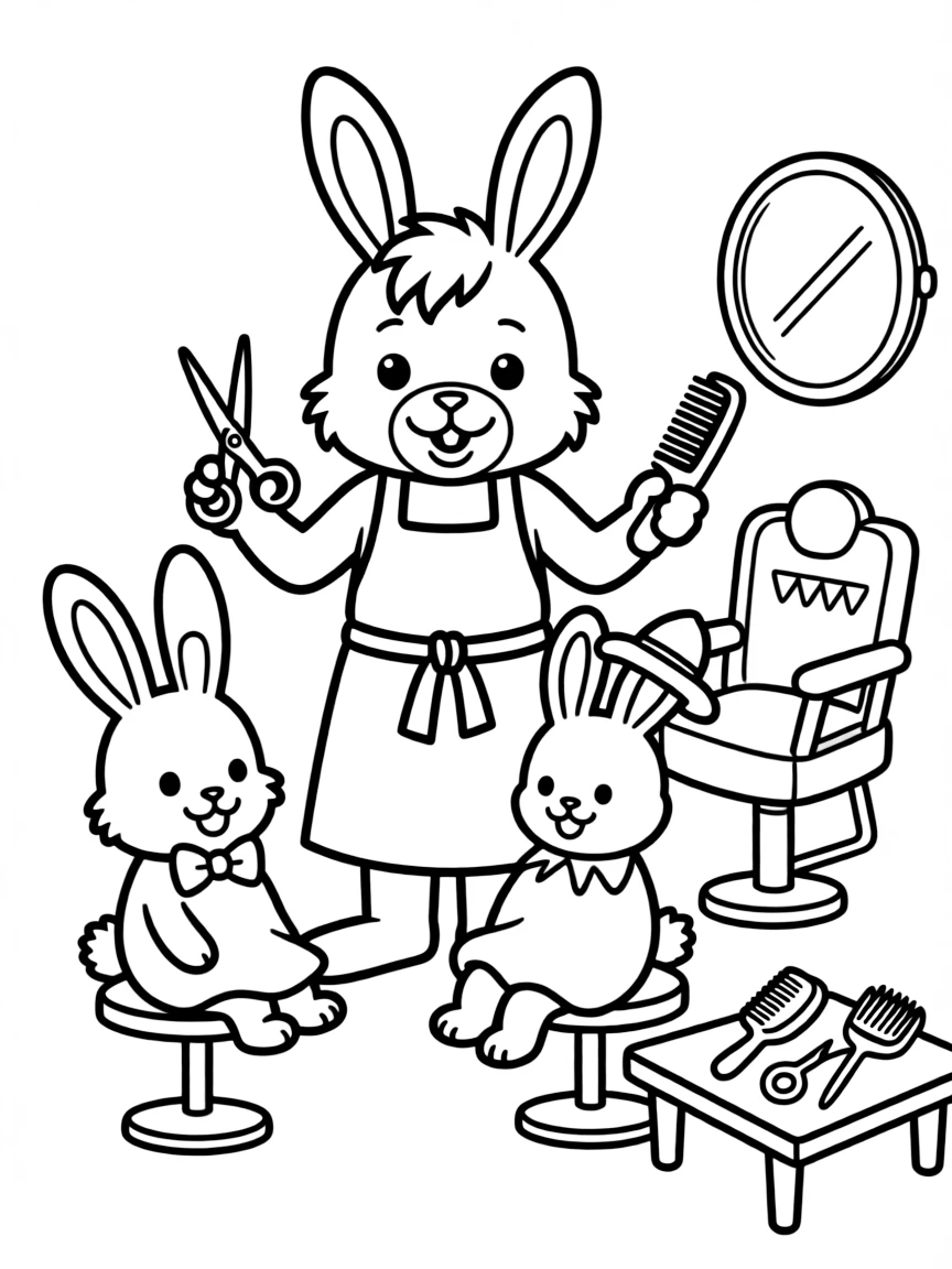 A bunny barber giving haircuts to other bunny friends