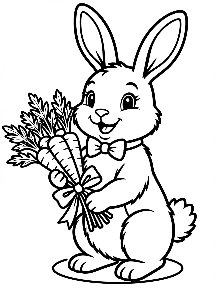 A bunny holding a bouquet of carrots tied with a ribbon