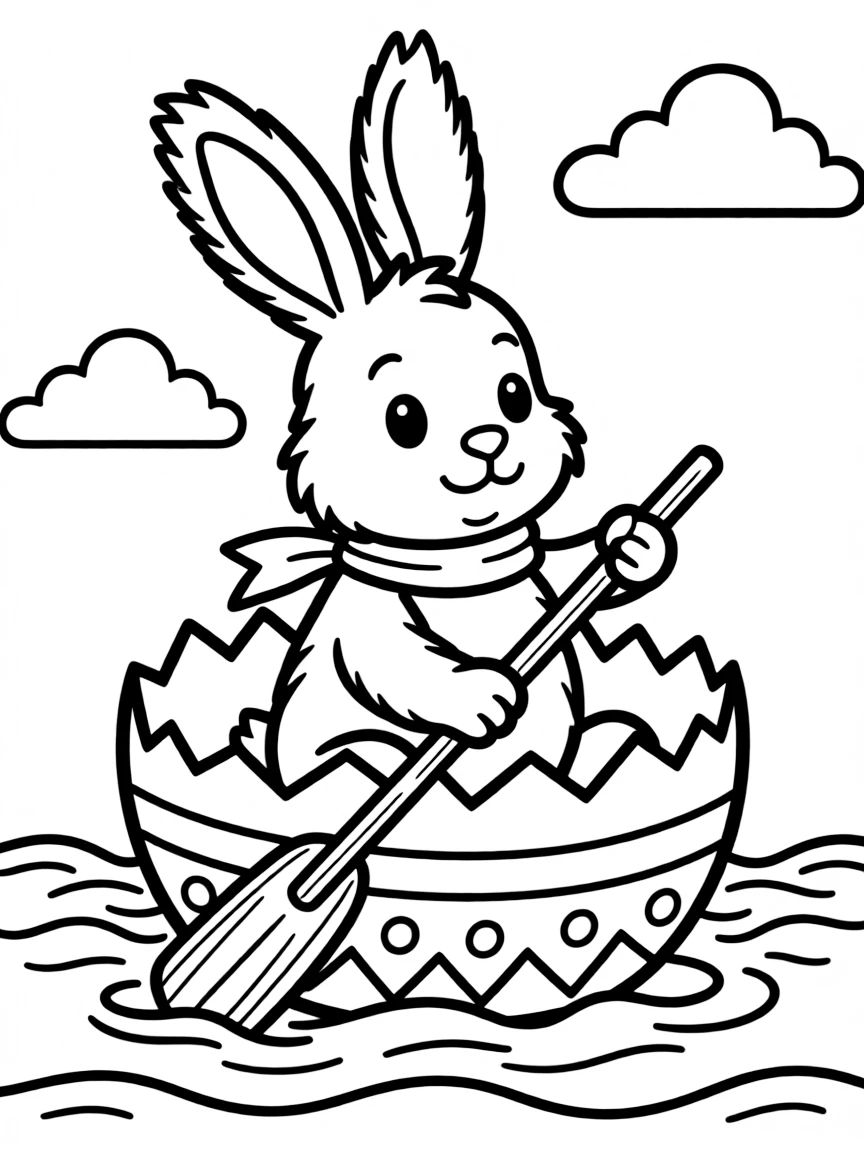 A bunny sailing in a boat made from a large Easter egg shell