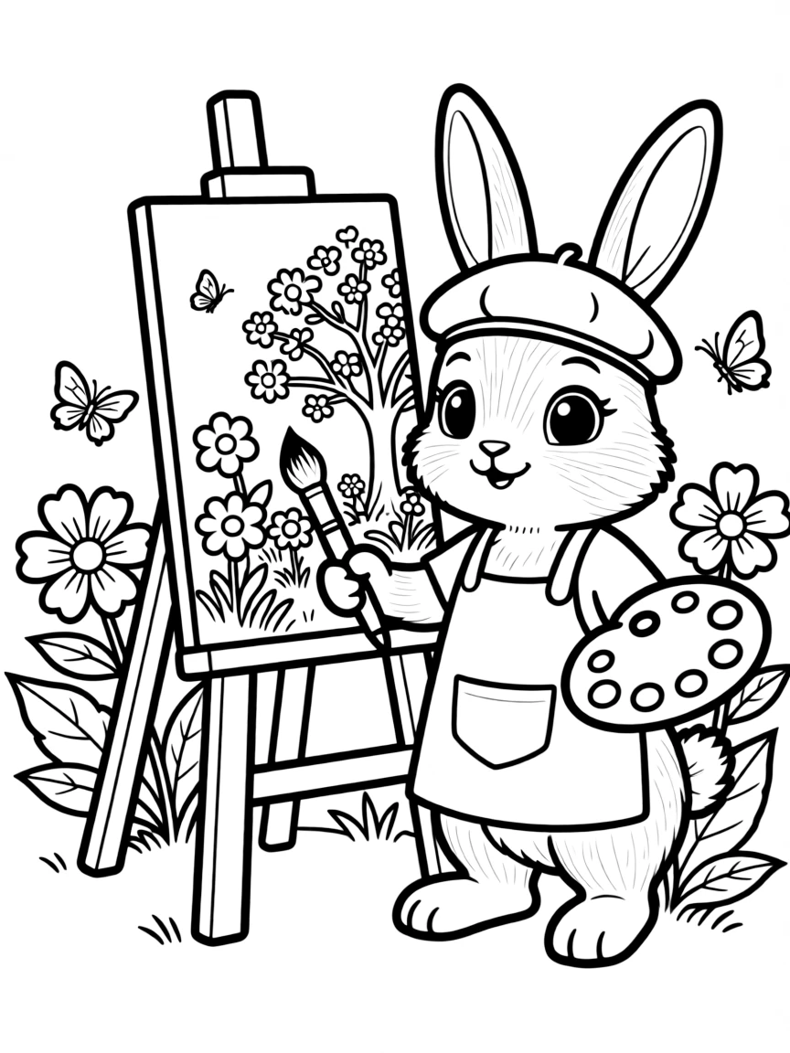 A bunny artist painting a portrait of a spring scene