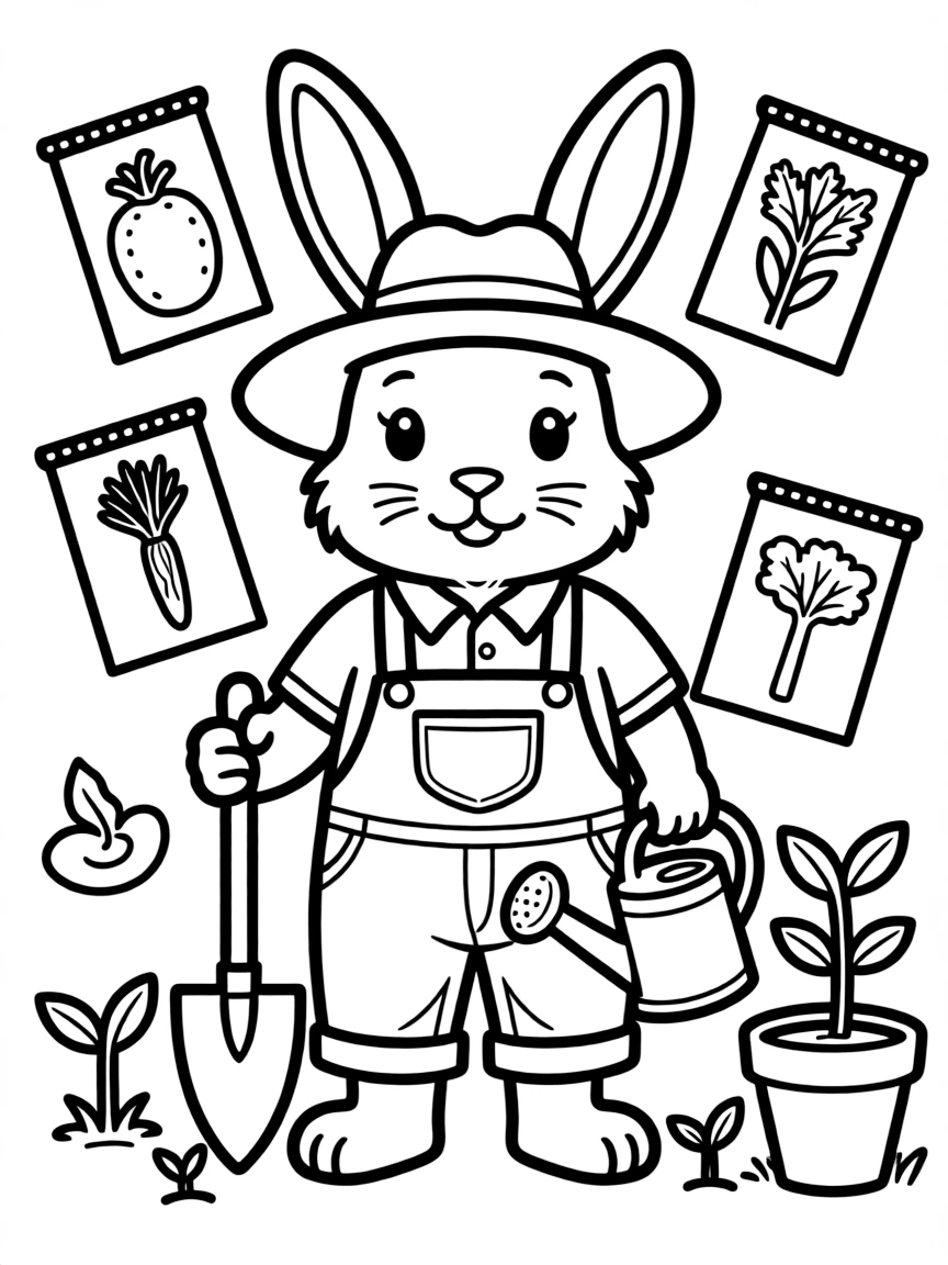A bunny dressed as a gardener with tools and seed packets