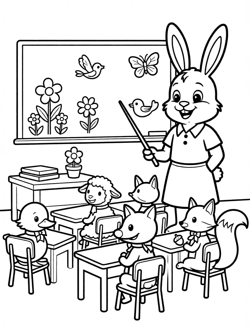 A bunny teaching a class of baby animals about spring
