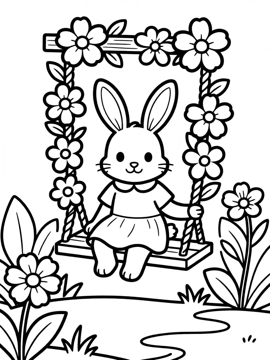 A bunny swinging on a garden swing decorated with flowers