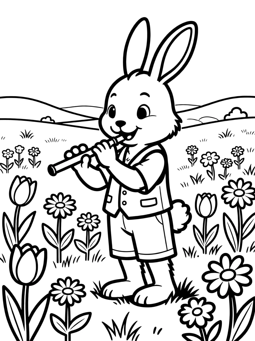 A bunny playing a flute in a field of spring flowers