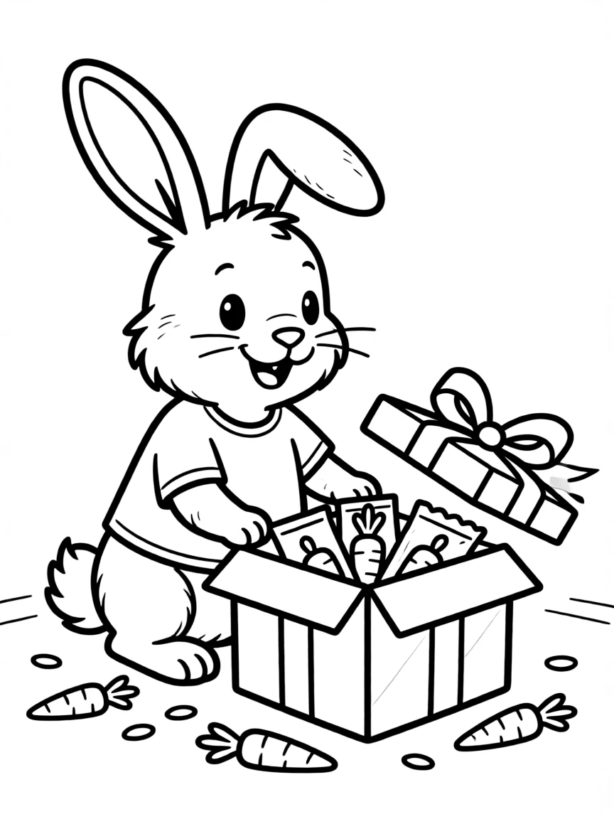 A bunny opening a present filled with carrot seeds