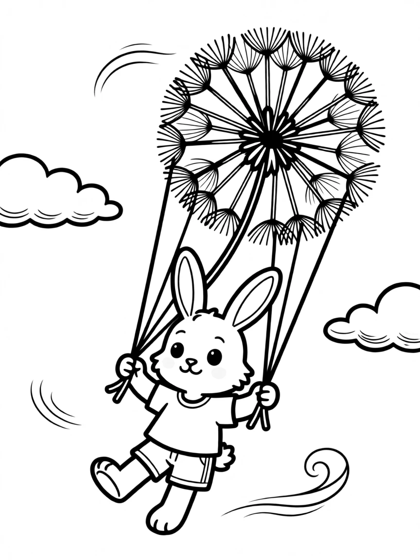 A bunny parachuting with a dandelion seed parachute
